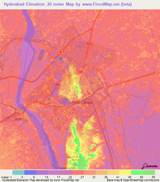 Hyderabad,Pakistan Elevation Map