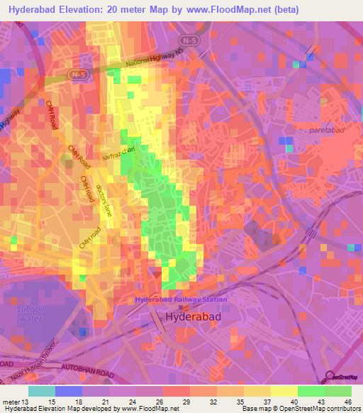 Hyderabad,Pakistan Elevation Map