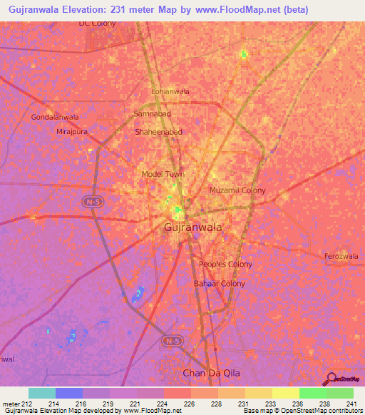 Gujranwala,Pakistan Elevation Map