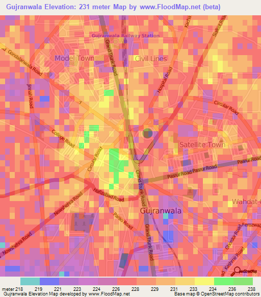 Gujranwala,Pakistan Elevation Map