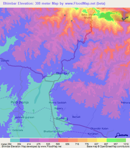 Bhimbar,Pakistan Elevation Map