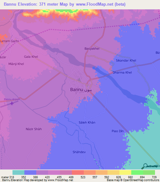 Bannu,Pakistan Elevation Map