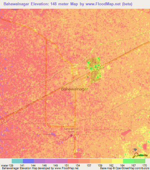 Bahawalnagar,Pakistan Elevation Map