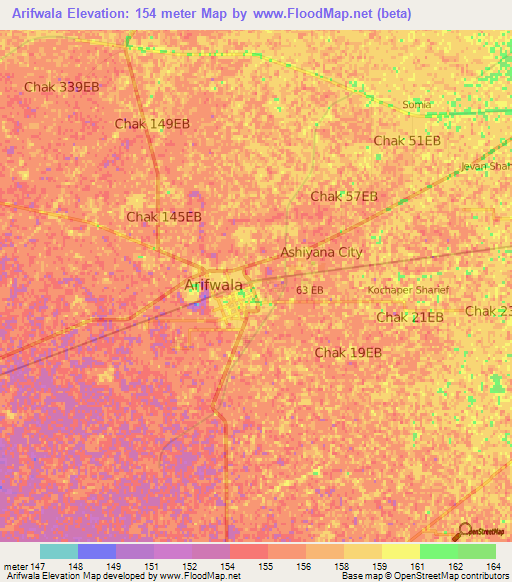 Arifwala,Pakistan Elevation Map