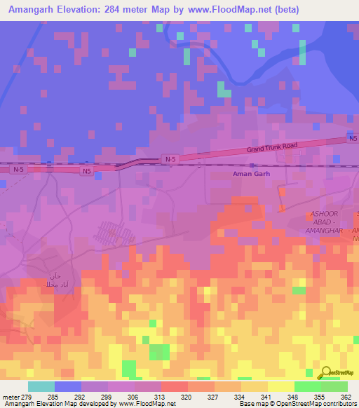 Amangarh,Pakistan Elevation Map