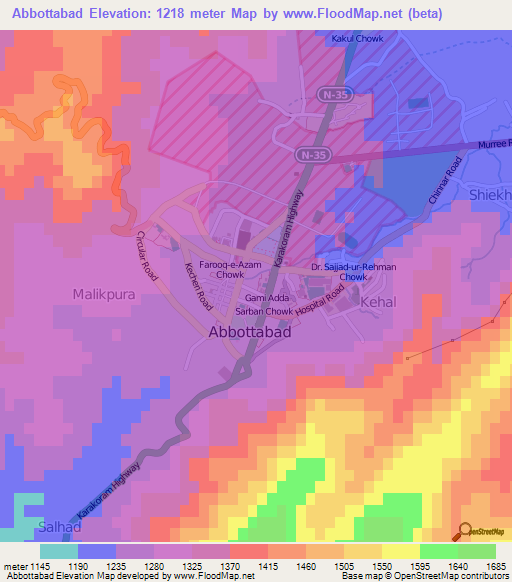 Abbottabad,Pakistan Elevation Map