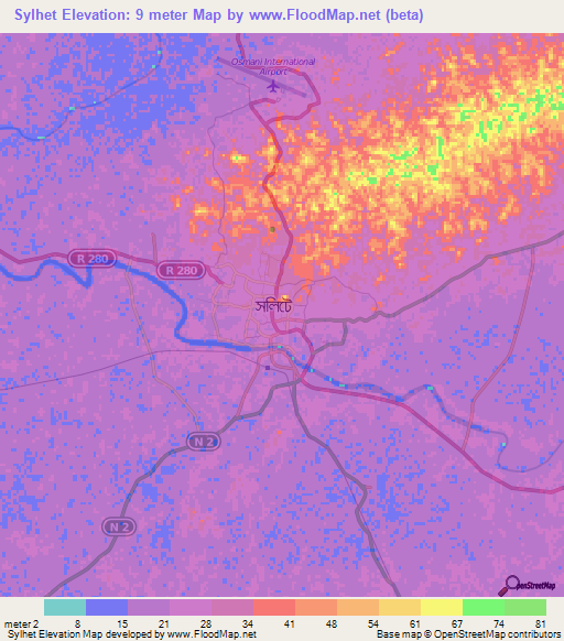 Sylhet,Bangladesh Elevation Map