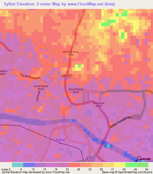 Sylhet,Bangladesh Elevation Map