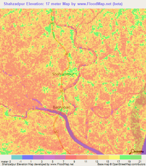 Shahzadpur,Bangladesh Elevation Map