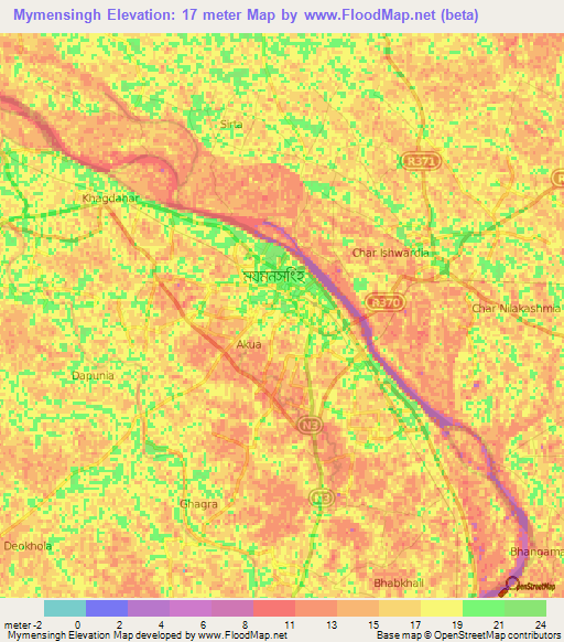 Mymensingh,Bangladesh Elevation Map