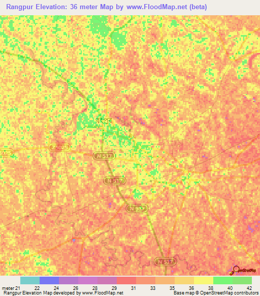 Rangpur,Bangladesh Elevation Map