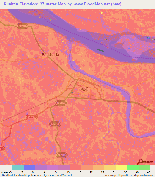 Kushtia,Bangladesh Elevation Map