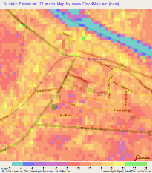 Kushtia,Bangladesh Elevation Map