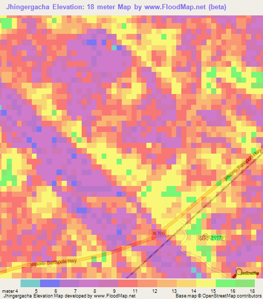 Jhingergacha,Bangladesh Elevation Map