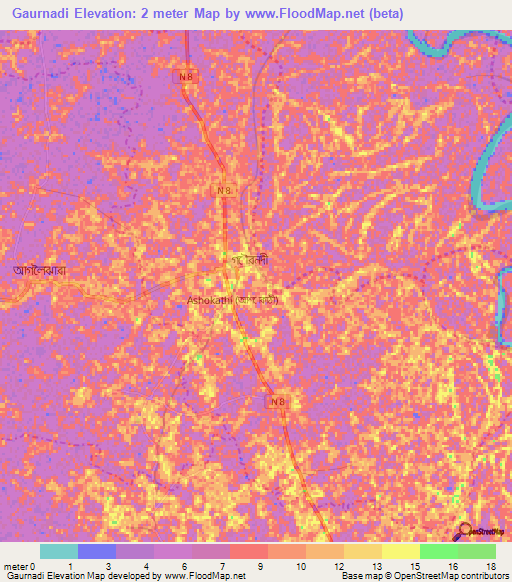 Gaurnadi,Bangladesh Elevation Map