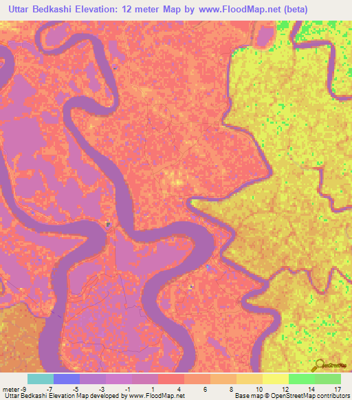 Uttar Bedkashi,Bangladesh Elevation Map