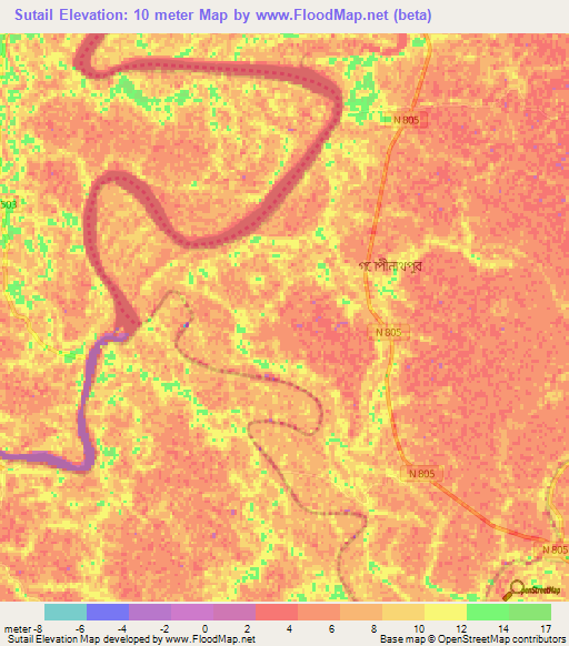 Sutail,Bangladesh Elevation Map