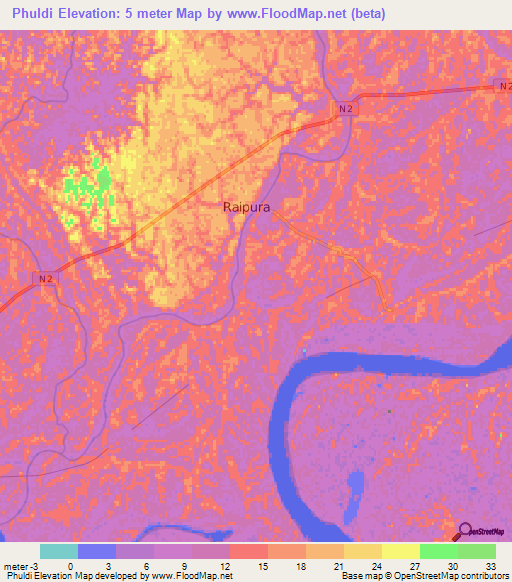 Phuldi,Bangladesh Elevation Map