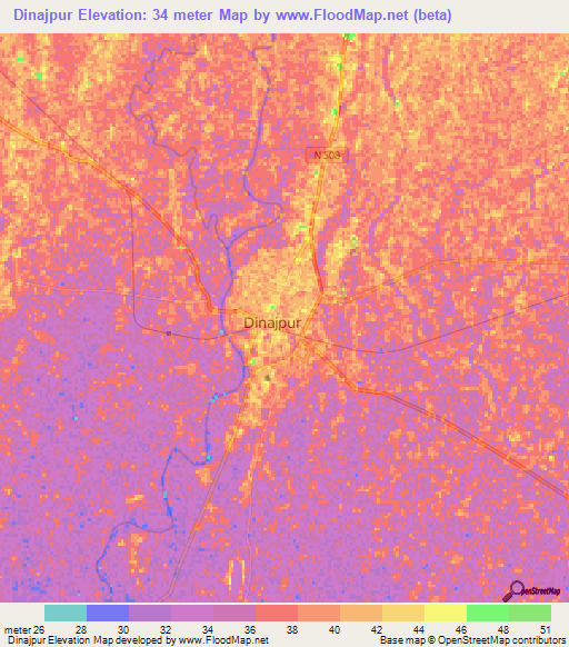 Dinajpur,Bangladesh Elevation Map