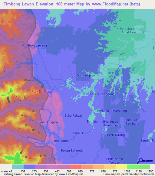 Timbang Lawan,Indonesia Elevation Map