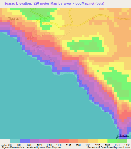 Tigaras,Indonesia Elevation Map