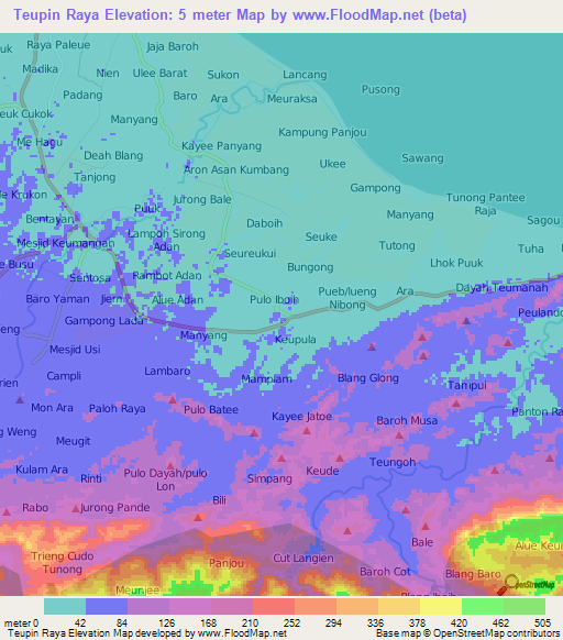 Teupin Raya,Indonesia Elevation Map