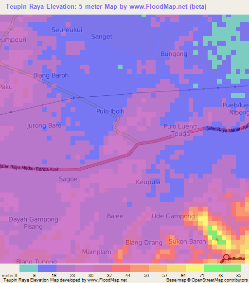 Teupin Raya,Indonesia Elevation Map