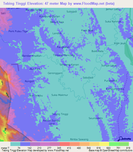 Tebing Tinggi,Indonesia Elevation Map