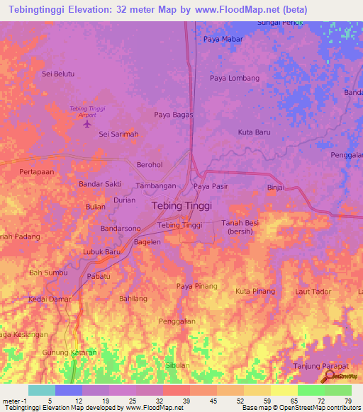 Tebingtinggi,Indonesia Elevation Map