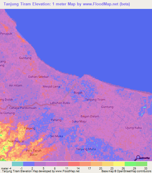 Tanjung Tiram,Indonesia Elevation Map