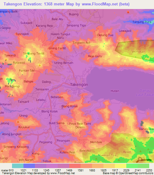 Takengon,Indonesia Elevation Map