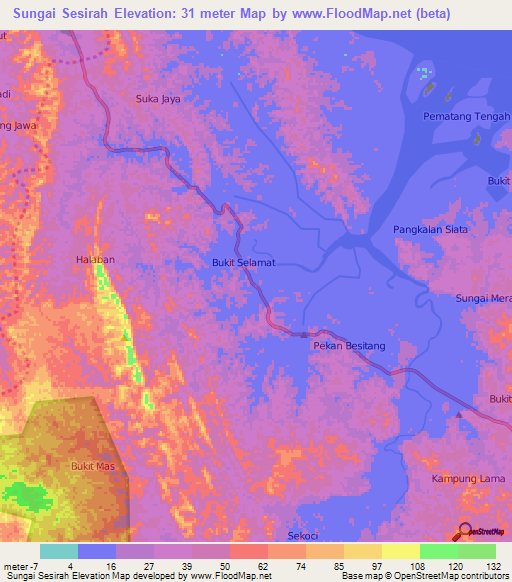 Sungai Sesirah,Indonesia Elevation Map