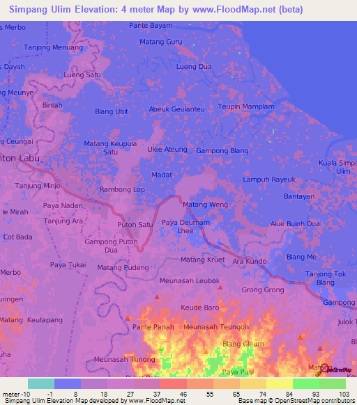 Simpang Ulim,Indonesia Elevation Map