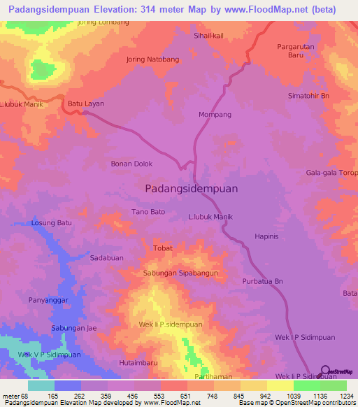 Padangsidempuan,Indonesia Elevation Map