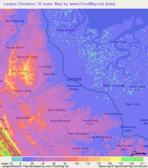 Langsa,Indonesia Elevation Map