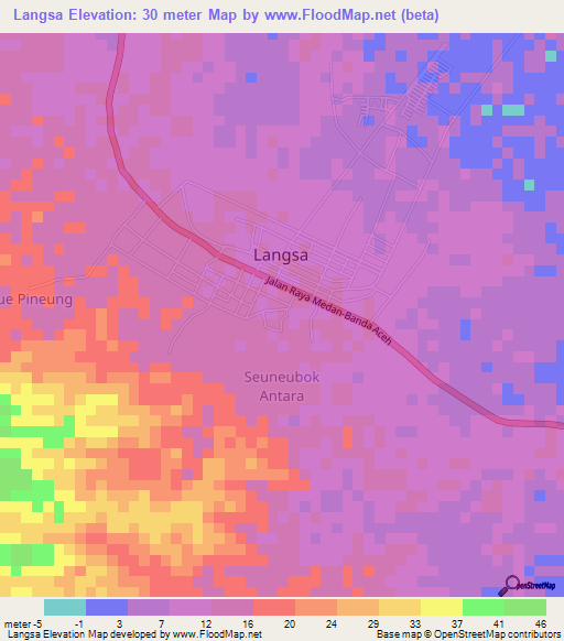 Langsa,Indonesia Elevation Map