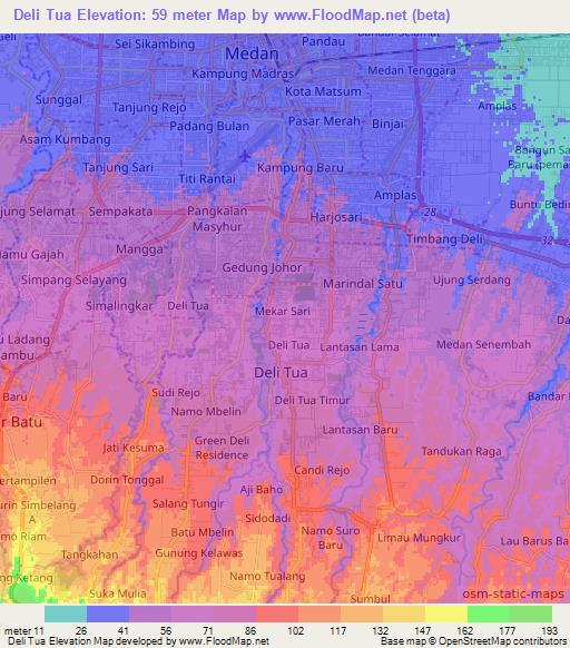 Deli Tua,Indonesia Elevation Map