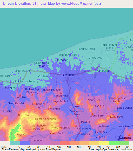 Bireun,Indonesia Elevation Map