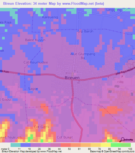 Bireun,Indonesia Elevation Map