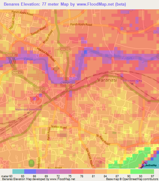 Benares,India Elevation Map