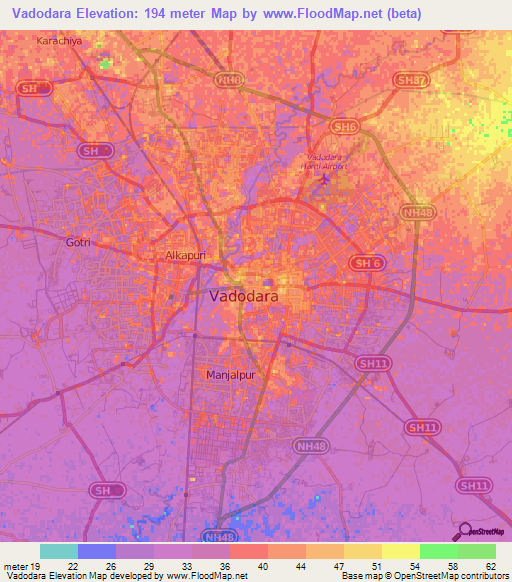 Vadodara,India Elevation Map