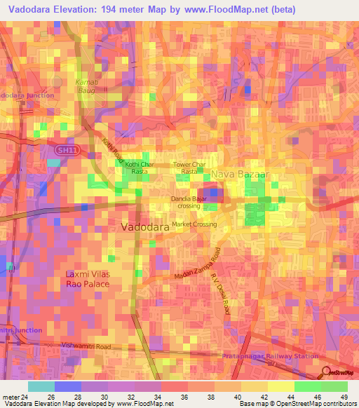 Vadodara,India Elevation Map