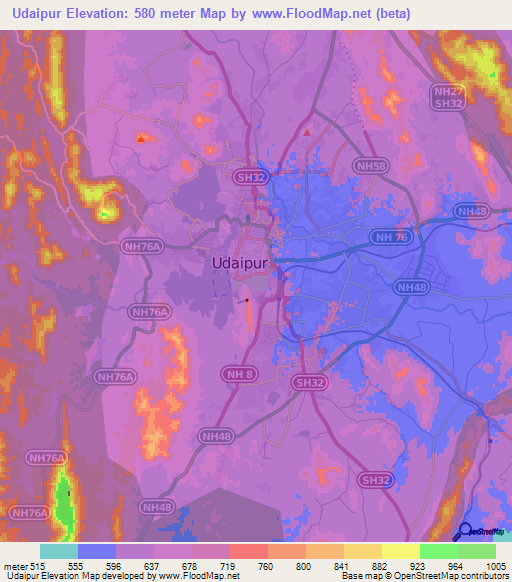 Udaipur,India Elevation Map