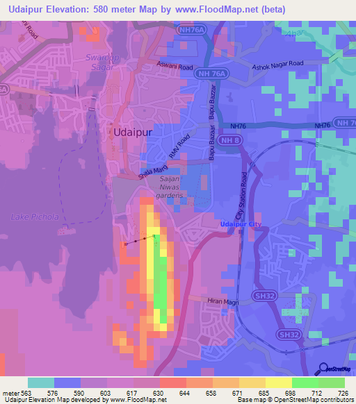 Udaipur,India Elevation Map