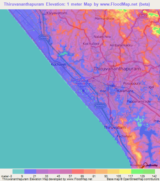 Thiruvananthapuram,India Elevation Map