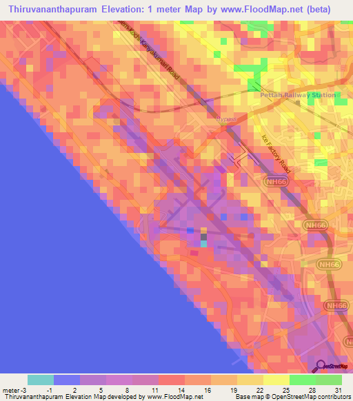 Thiruvananthapuram,India Elevation Map