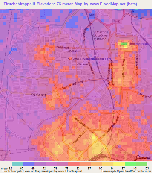 Tiruchchirappalli,India Elevation Map