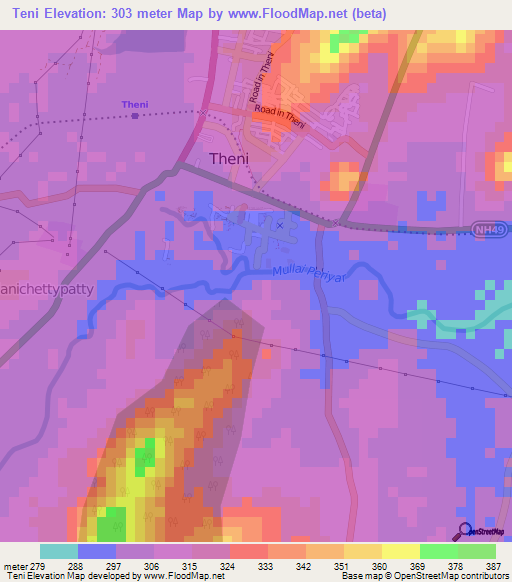 Teni,India Elevation Map