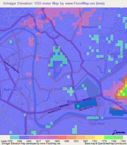 Srinagar,India Elevation Map