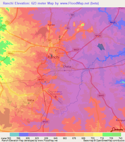 Ranchi,India Elevation Map